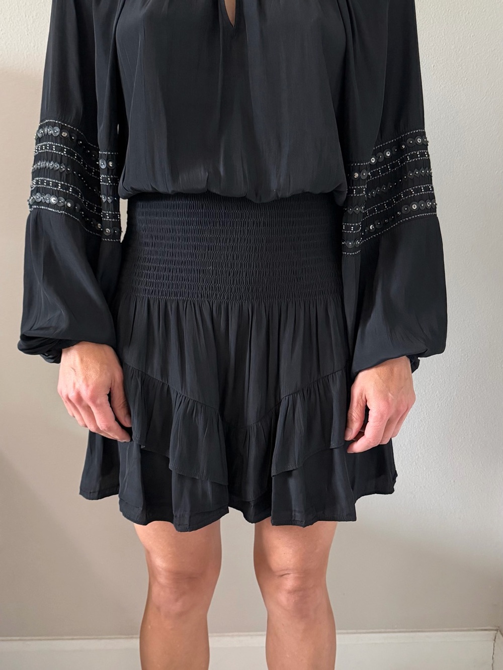 Ramy Brook Black Smocked Ruffle Mini Skirt